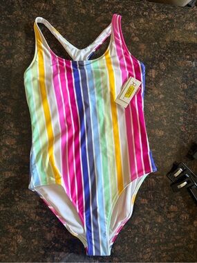 Women Rainbow Stripe One-Piece Swimsuit - Pink, Yellow, Blue